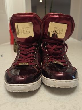 J/75 Men's Burgundy Red High-Top Men's Sneakers with Gold Accents (12)